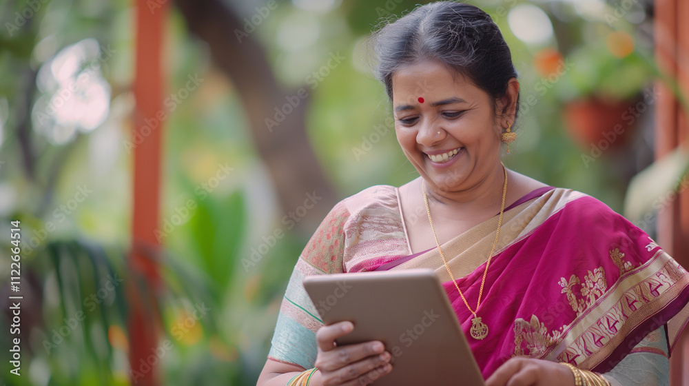 Indian Retired Woman Looking at Tablet in Hand with Joy in Her Backyard, Retirement Activities, Technology with Seniors Indian Retired Woman Looking at Tablet in Hand with Joy in Her Backyard, Retirement Activities, Technology with Seniors