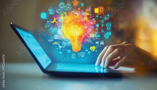 A digital tablet displaying icons of business ideas and creative concepts, with an illustration or hologram showing a head in profile holding up a lightbulb, symbolizing innovation. 
