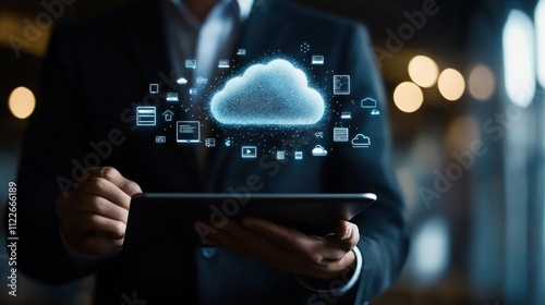 Businessman holding a tablet with cloud computing concept and technology icons floating above his hand on a blurred background.