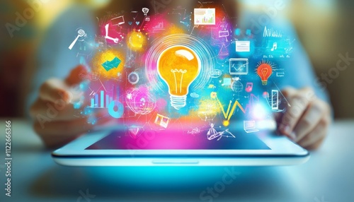 A digital tablet displaying icons of business ideas and creative concepts, with an illustration or hologram showing a head in profile holding up a lightbulb, symbolizing innovation. 