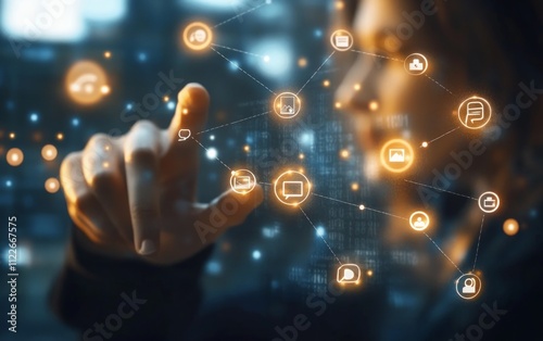 A businessman touching digital social network connection icons with people, both female and male, on a blurred background. 