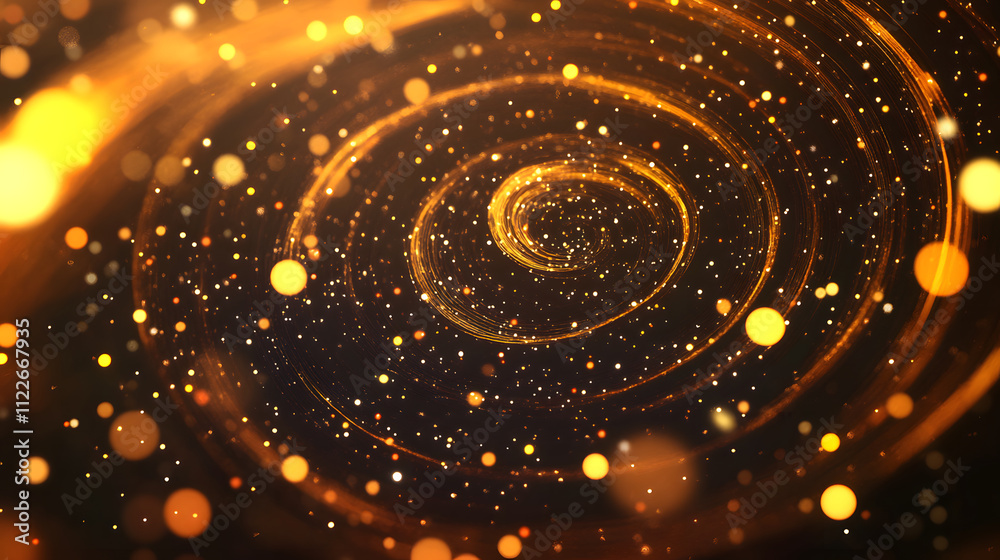 Golden spiral galaxy with warm toned stars and glowing particles, creating mesmerizing cosmic scene filled with light and depth