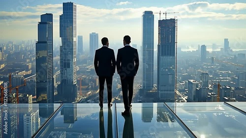 Path to progress: entrepreneurs with a cityscape in construction, economic investment, capital infusion, and breakthrough business ventures; a symbol of financial success and market evolution.