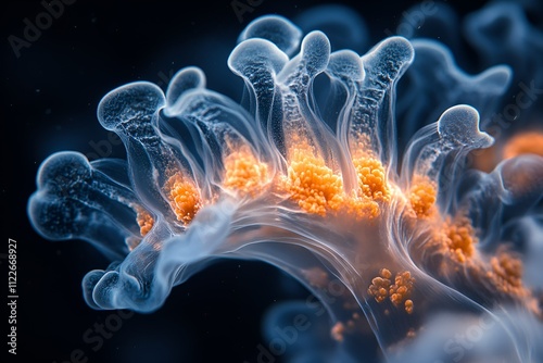 Intricate translucent marine organism with fiery orange and yellow glowing centers, highlighted in a dark aquatic environment photo