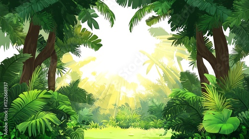 Lush tropical jungle with vibrant green foliage. photo