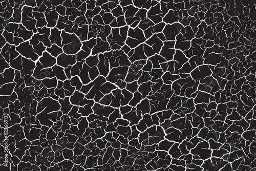 White cracks on black background. Vector illustration. Monochrome background of coarse soil. 