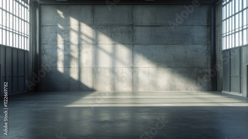 a factory, warehouse, or other industrial structure. Roller doors or roller shutters provide protection. Concrete floor, steel wall, and vacant space for industrial backdrop in modern interior design