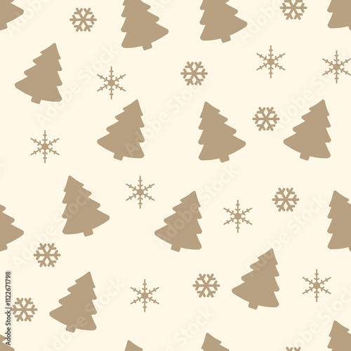 Seamless Christmas tree pattern with snowflakes. Christmas, new year design in beige color designed trees on pink nude background. vector illustration