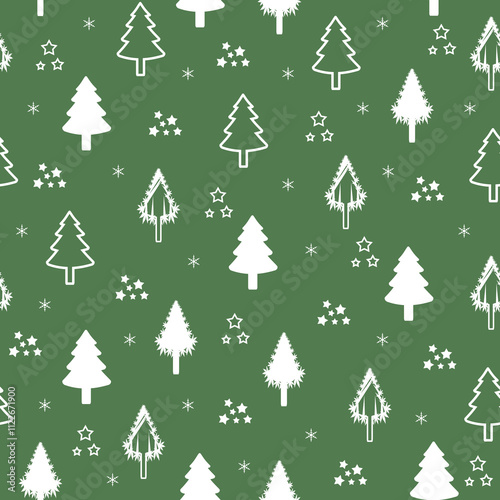Seamless Christmas tree pattern with snowflakes. Christmas, new year design in white color designed trees on green background. vector illustration