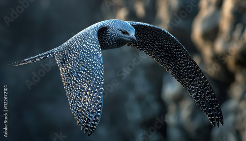 bird in mid flight showcases its detailed aerodynamic feathers, gliding gracefully through air. intricate patterns and colors highlight its beauty and agility photo