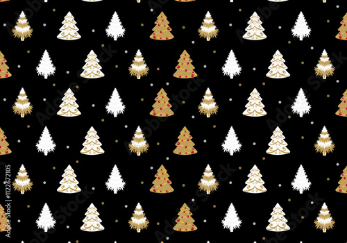 Seamless Christmas tree pattern. Christmas, new year design in white and brown color designed trees on black background. vector illustration