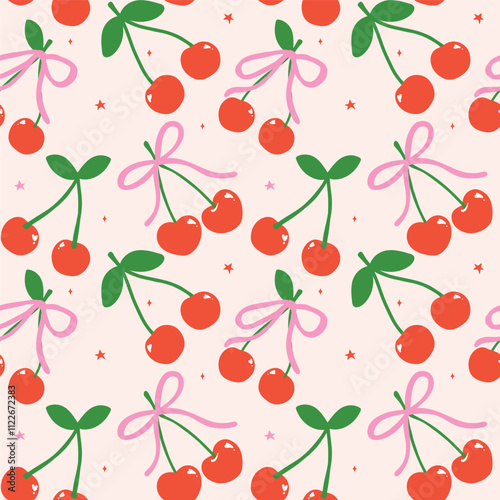 Retro Coquette Seamless Pattern Playful Red Cherries with Pink bow Minimal isolated on background