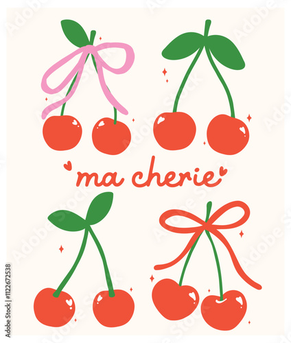 Vintage Coquette Red Cherries Ma Chérie Minimal Flat Design Collection