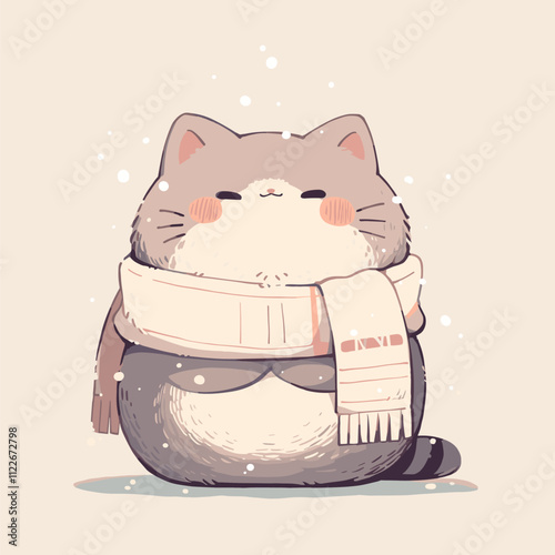 Cozy Cartoon Cat with Scarf in Winter Wonderland. Vector Cute Cat.