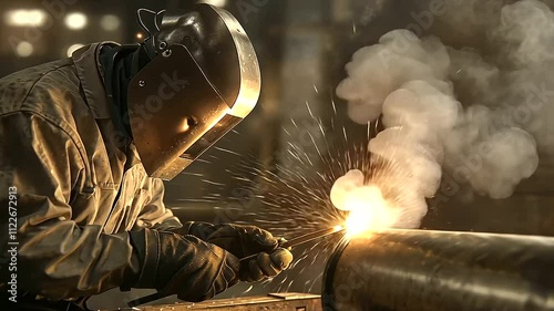Welder Repairing Metal Pipe in Dimly Lit Workshop