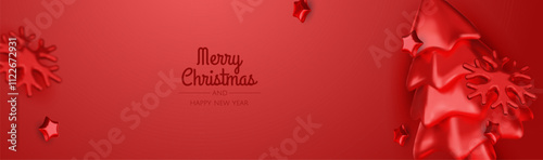 Christmas winter festive composition. Colorful Xmas background realistic 3d decorative design objects, christmas tree, gift boxes, xmas ball, gold confetti. Happy New Year.