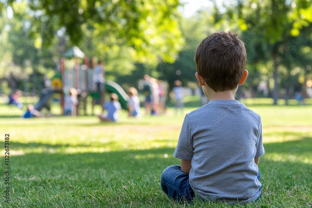 A child sitting on grass, observing a playground filled with people. A child sitting on grass, observing a playground filled with people.