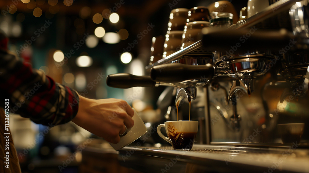 Naklejka premium Espresso shot in a coffee shop with close-up view.
