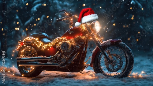 A festive motorcycle adorned with lights, garlands, and a Santa hat, parked in a snowy landscape, creating a unique and playful holiday scene.
