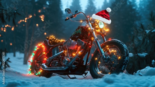 A festive motorcycle adorned with lights, garlands, and a Santa hat, parked in a snowy landscape, creating a unique and playful holiday scene.