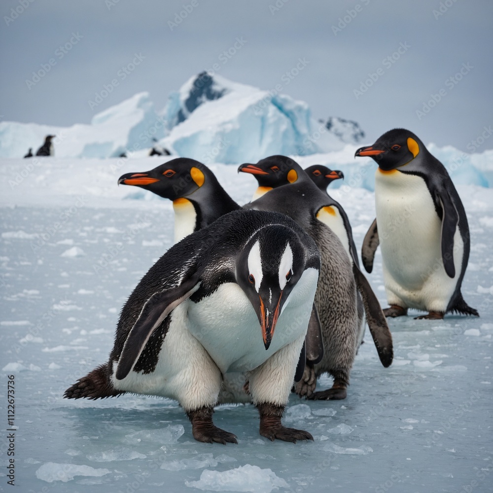 Obraz premium A family of penguins on an icy Antarctic plain.