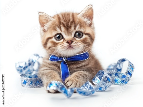 Hanukkah-Themed British Shorthair Kitten in Blue Ribbon Cozy Indoor Setting Pet Photography Festive Atmosphere Adorable Concept photo