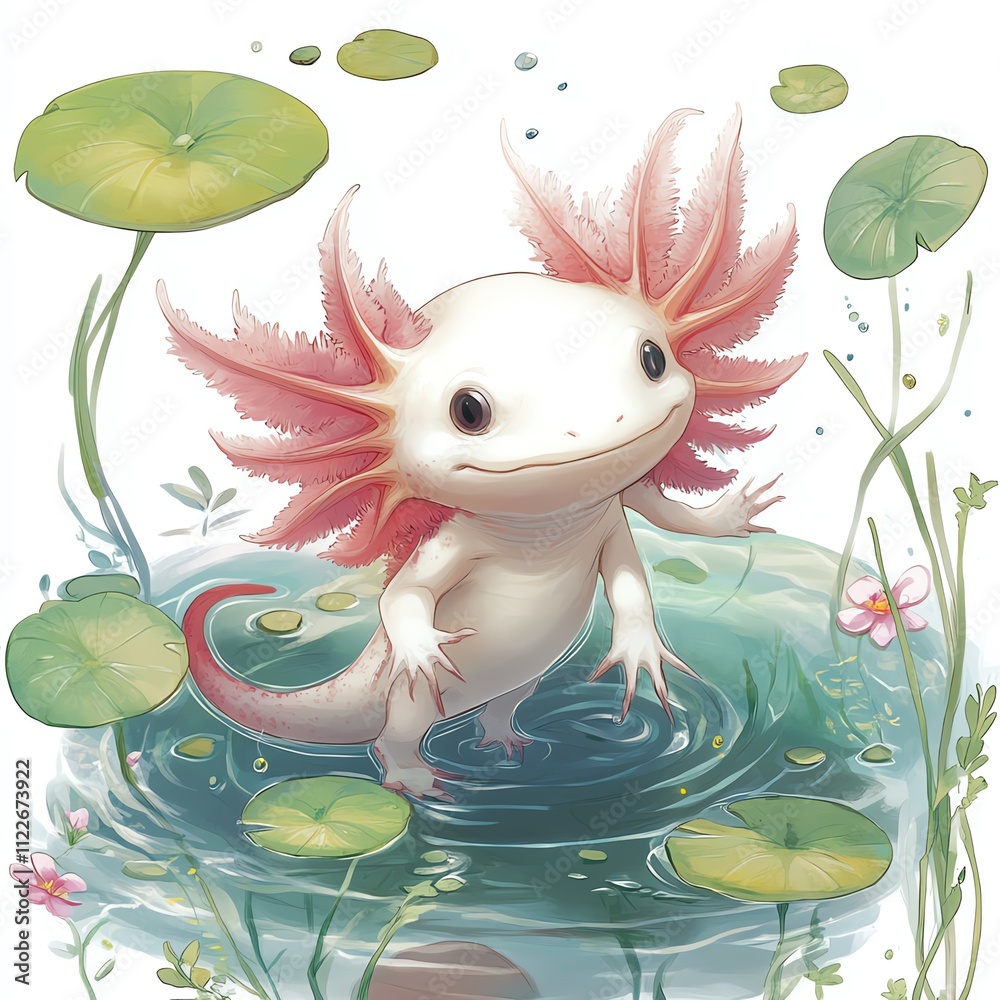 Obraz premium A whimsical axolotl in a serene pond surrounded by lily pads and vibrant greenery.