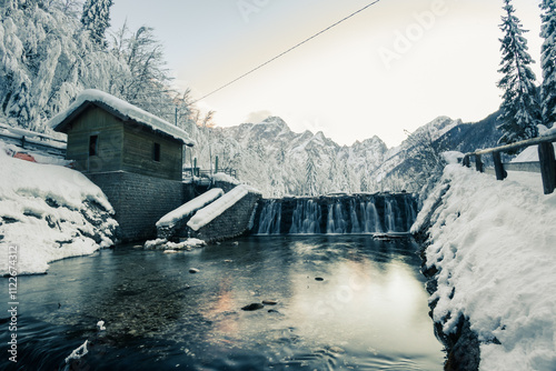 Obraz na płótnie Cold evening at the lakes of Fusine w salonie