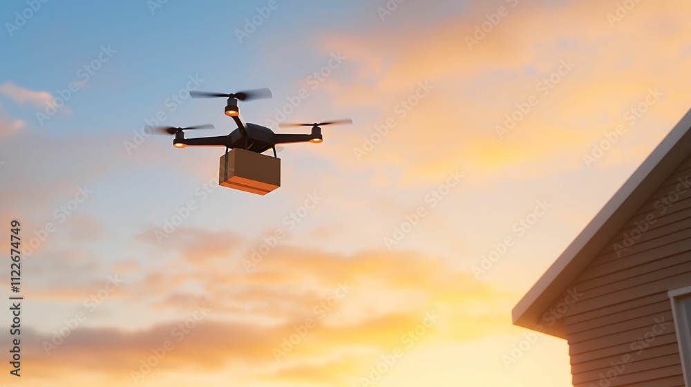 Inbound Process. A drone carrying a package flies against a vibrant sunset backdrop, showcasing modern delivery technology. Inbound Process. A drone carrying a package flies against a vibrant sunset backdrop, showcasing modern delivery technology.