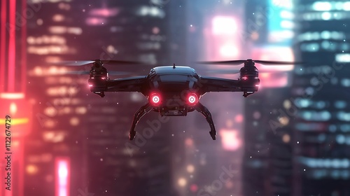 Inbound Process. A sleek drone hovers in a vibrant, neon-lit cityscape, showcasing modern technology amidst a futuristic urban background.