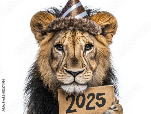 Festive Lion Cub Celebrates Safari Scene Animal Portrait Joyful Environment Close-Up View Party Theme photo