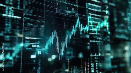 Digital stock market interface overlaid with AI icons and dollar signs, showing technological profit gains.