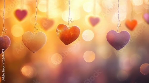 Dreamy hearts of varying shades suspended in a tranquil scene with a soft, glowing backdrop of warm tones