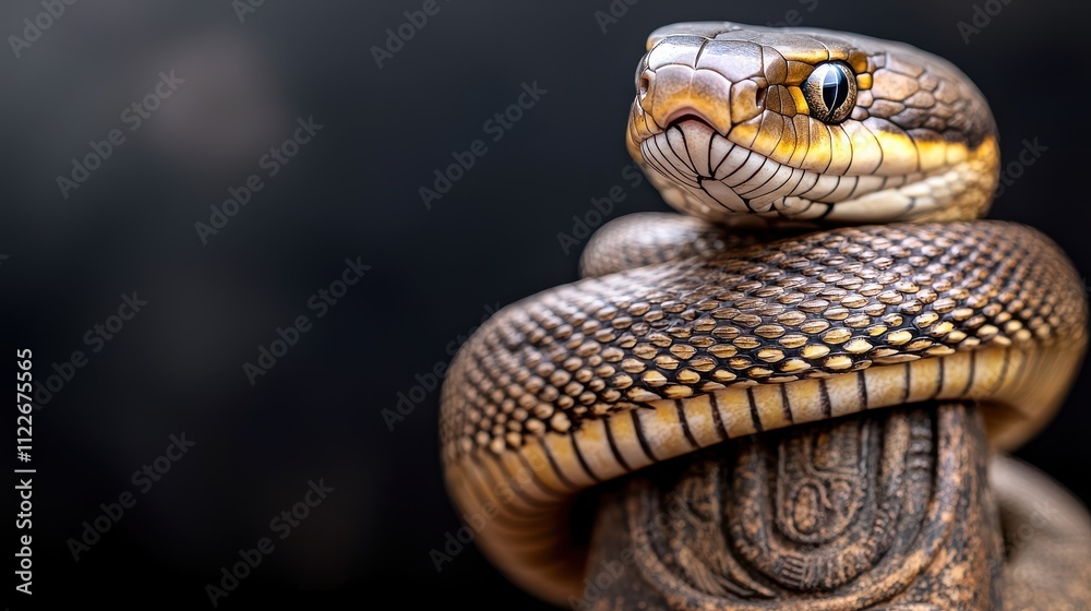 Obraz premium Year of Snake Chinese Zodiac Concept, Elegant Snake Wrapped Around Ancient Thai Artifact in Close-Up Shot