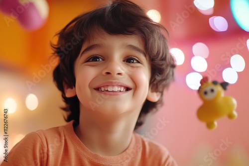 indian boy in a colourful fantasy playroom with soft lighting