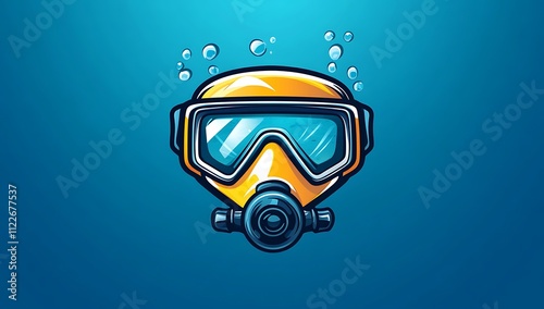 A flat vector logo of a scuba diving mask, an underwater scene, a blue background photo