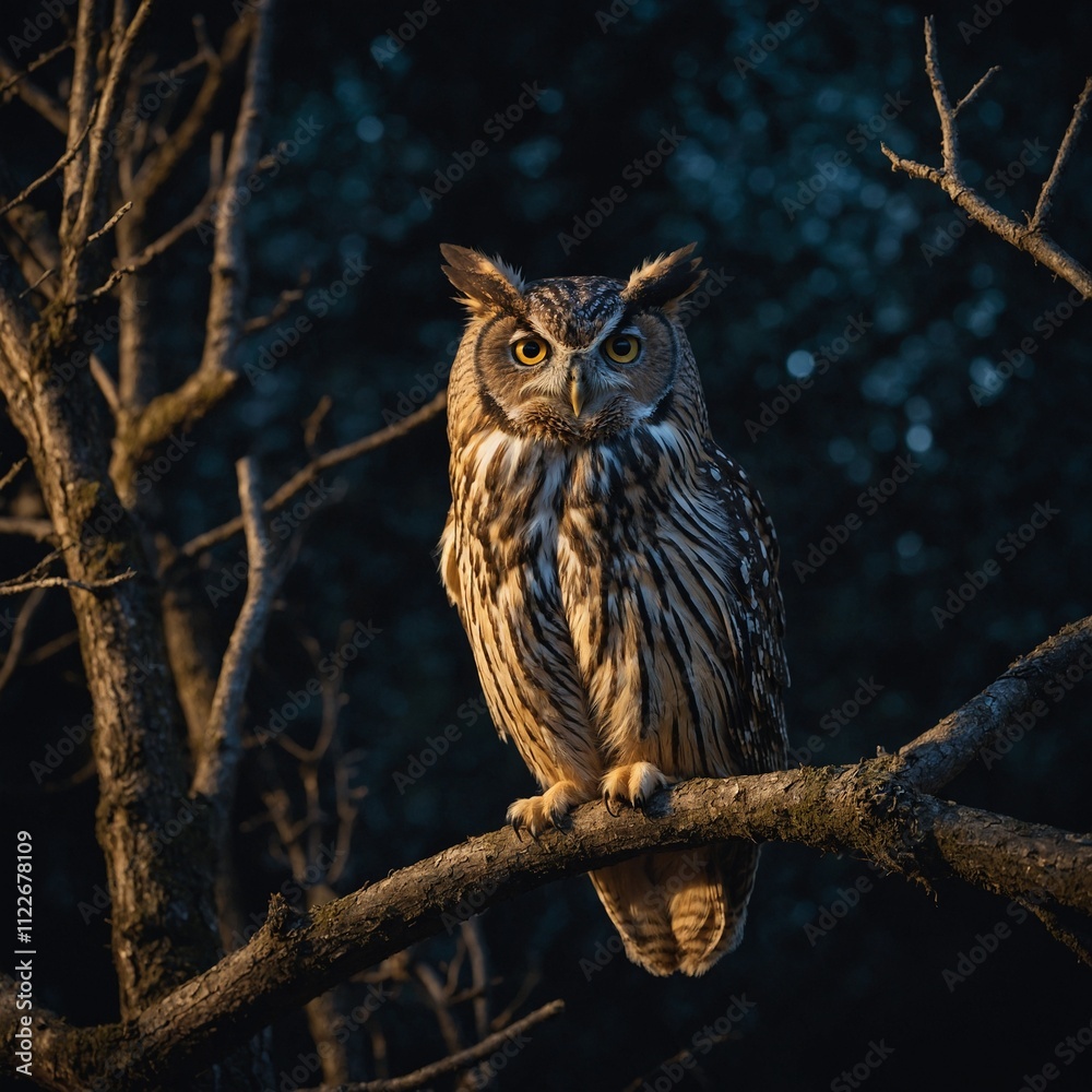 Fototapeta premium An owl perched on a tree branch at night.