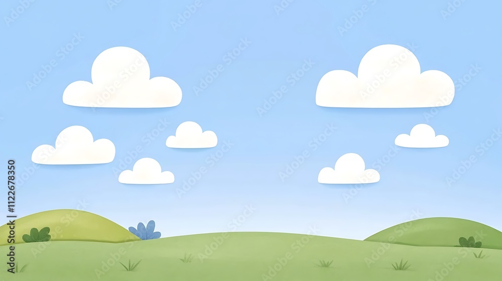 Fototapeta premium A Scenic View of Green Rolling Hills Under a Bright Blue Sky with Fluffy White Clouds