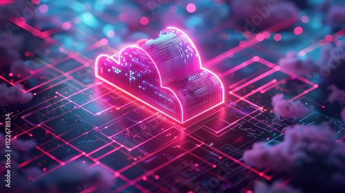 Isometric Cloud Storage Illustration Representing Digital Service for Data Transmission and Downloading photo