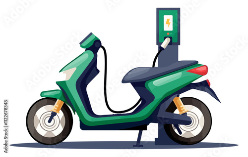 electric motorcycle charging at a station, perfect for sustainable transportation, eco-friendly technology, and urban mobility themes.