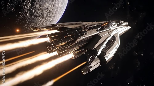 Spaceship navigates through deep space near a distant planet while leaving a trail of propulsion flames