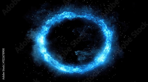 A glowing blue neon smoke ring in a star-speckled dark universe mockup for logo photo