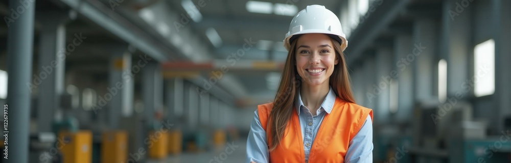 Smiling Female Engineer in Hard Hat and Safety Vest, Industrial Factory Background, Construction Site Portrait Smiling Female Engineer in Hard Hat and Safety Vest, Industrial Factory Background, Construction Site Portrait