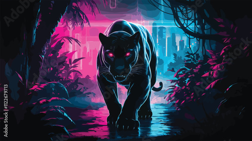 black panther on the road and follows the jungle and city art Digital lion art illustration image