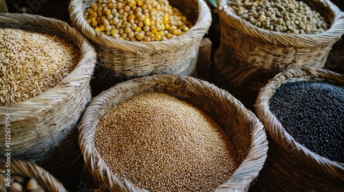 A fresh market stall loaded with fruits, vegetables, and grains. photo