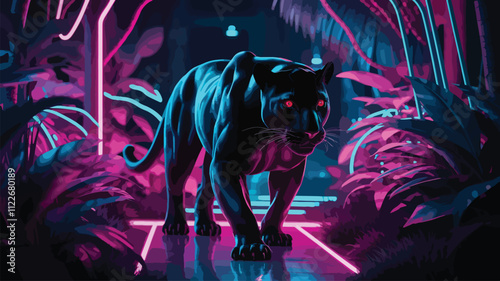 black panther on the road and follows the jungle and city art Digital lion art illustration image