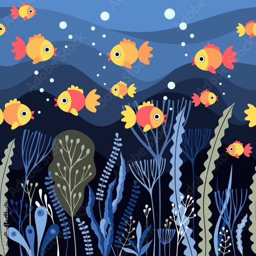 Seamless pattern with bright fish swim in sea with seaweeds