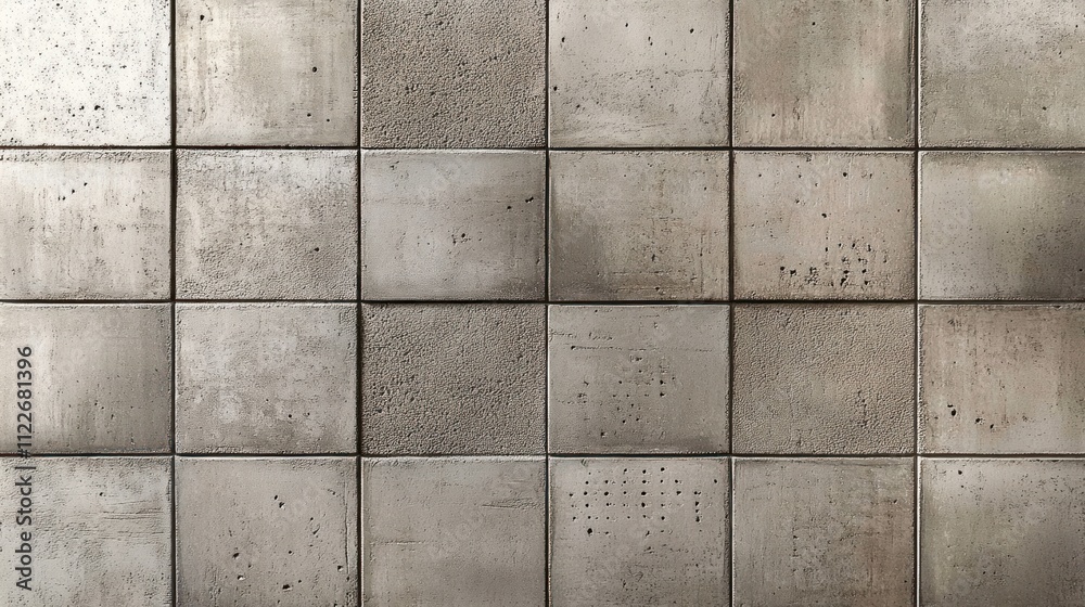 Naklejka premium A textured wall composed of square concrete tiles with varied finishes and patterns.