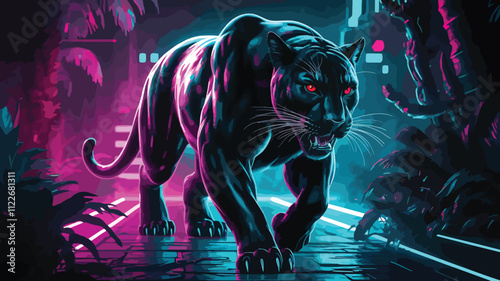black panther on the road and follows the jungle and city art Digital lion art illustration image