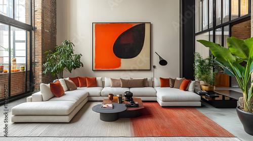 Modern living room design featuring bold art urban loft interior decoration bright atmosphere wide angle view contemporary style